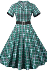 Gelbes Midi-Swing-Kleid mit Karomuster und kurzen Ärmeln